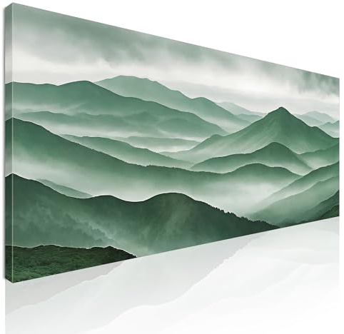 CheQuadro! Quadro paesaggio grande, quadro moderno soggiorno orizzontale, Paesaggio Montuoso Verde Scenario Nebbioso intelaiato pronto da appendere abl38-90x40 cm