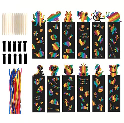 Werownsgso Lot de 24 marque-pages à gratter avec 24 stylos en bois et 24 rubans, marque-pages arc-en-ciel, pour fête, bricolage, étiquettes cadeaux et activités en classe