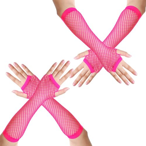 AOZUO 2 Paar Rosa Netzhandschuhe,Wednesday Kostüm Handschuhe,80er Jahre Netz Armstulpen Langes Fingerlose Neonhandschuhe Stretch Netzhandschuhe Für Frauen Kostüm Mottoparty Emo Gothic Szene Zubehör