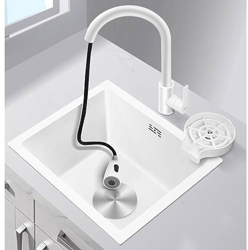 CuNtoHHH Einzelbecken für die Küche, weißes Edelstahlspülbecken, Mini-Spüle mit kleinem Einzelbecken, Gemüsebecken, Barinsel, Wasserbecken, eingebautes Unterbauwaschbecken mit Wasserhahn (Farbe: Weiß