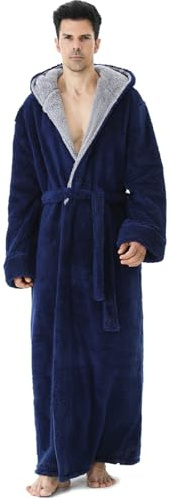 PUTUO Morgonrock för män, lång, lyxig, varm, fluffig badrock i fleece med huva för vintern, full längd, mjuk, tjock termisk vinterrock, julklapp, marinblå, M