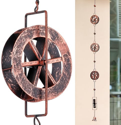 AINISIS 5.7 FT Water Wheel Rain Chains for Outside Bronze Rain Chain for Gutters Garden Decorative Rain Catche Chain Downspout