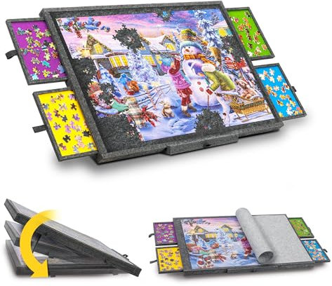 Tektalk Puzzletisch mit integriertem verstellbarem Ständer/Halterung, 3-Kippwinkel, superleichtes Filzpuzzle-Plateaubrett mit Abdeckung und 4 Sortierschubladen, für bis zu 1000 Teile - grau