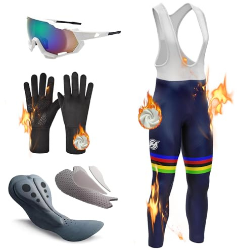 Salopette Ciclismo Uomo Lunga Ciclismo Pantaloni, imbottiti alta densità, termici, antivento, ad asciugatura rapida, pantaloni da bici invernali, leggings da bicicletta