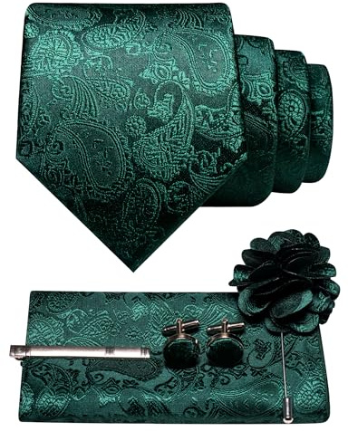 JEMYGINS Cravate Homme Paisley avec Mouchoir de Poche, Fermoir à Cravate avec Fleur et Boutons de Manchette, M