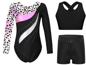 FEESHOW Mädchen Turnanzug Langarm Mit Kurzer Hose Glitzer Gymnastikbody Und Shorts Cropped Tank Top Set Kinder Wettkampf Tanzkleidung