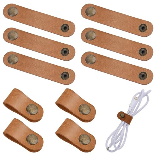 Salbsever 10pcs Leather Cord Organizer Straps, Brown, Leather, Snap Closure, Reusable, Cable Ties for Charging Cables, Power Cords, Earphones