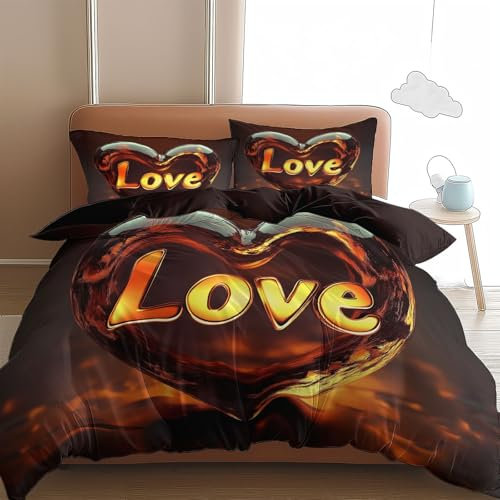 Marrone Copripiumino 250x200 Amore a forma di cuore Stampa Copripiumino Matrimoniale, Parure Copripiumino in Microfibra Ipoallergenico, 1 Copripiumone con Cerniera + 2 Federa 50x80 cm