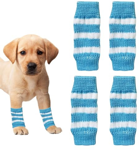 Hunde-Beinstulpen für den Winter, weich, warm, Streifenmuster, gestrickt, Ellenbogenschutz, elastischer Haustier-Beinschutz für Kätzchen, Welpen, kleine, mittelgroße Hunde, Katzen, Blau, Größe L, 4