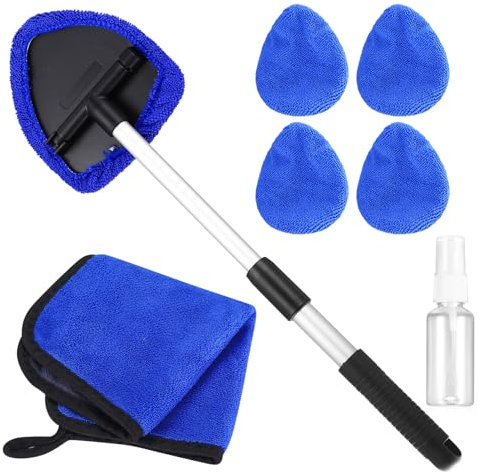 KOXXIAMOQ 7 Pcs Car Windscreen Cleaner Tool, Car Window Cleaner Kit, 180° Swivel Car Windshield Cleaning Tools, Expandable Car Windshield Cleaner Tool, with 4 Microfiber Pads, 1 Spray Bottle, 1 Towel