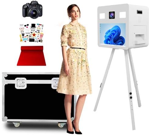 DSLR Fotoautomat mit Stativ, 21,5 Zoll Touchscreen, DSLR Fotoautomat mit Flightcase, Fotoautomat für Events, Partys, Hochzeiten, Vermietung (White, Photo Booth+Camera)