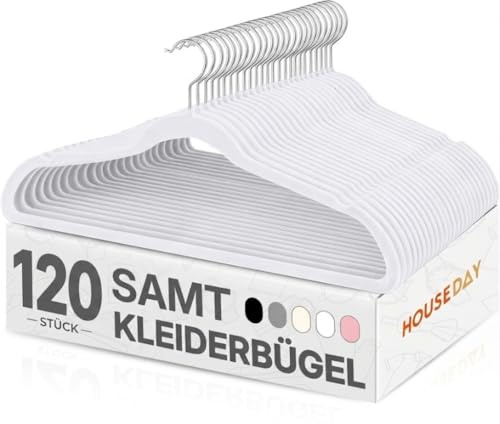 HOUSE DAY Weiß Kleiderbügel 120 Stück, Samt Kleiderbügel Rutschfester Filz Bügel -Platzsparende, Premium Weiß Anzugbügel, 360° Drehbarer Haken
