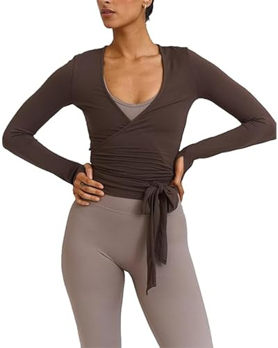 Felcia Damen Y2K Kreuzgebundenes Wickel-Oberteil Coquette Langarm Tiefer V-Ausschnitt Crop Shirt Schlank Passend Tanz Bolero Schultertuch Feen Yoga Workout Bluse, Kaffee B, M