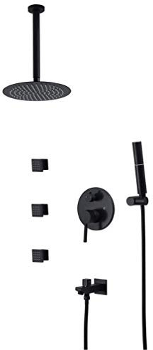Duschsystem, Decke Schwarzes Badezimmer Dusche 10 Edelstahlrunde Ultradünnen Niederschlagskopf Duschkopf mit 3 Körpersprays SND -Handheld -Sprühgerät, Luxus Duschset