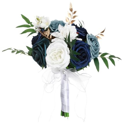 Blumenstrauß Garten Dekor Braut, Brautjungfern, großer Brautstrauß, weiß, champagner, elfenbeinfarben, Seidenrosen, Blumen für die Hochzeit, französischer Vintage-Boho-Blumenstrauß ( Blue, 29x22cm)