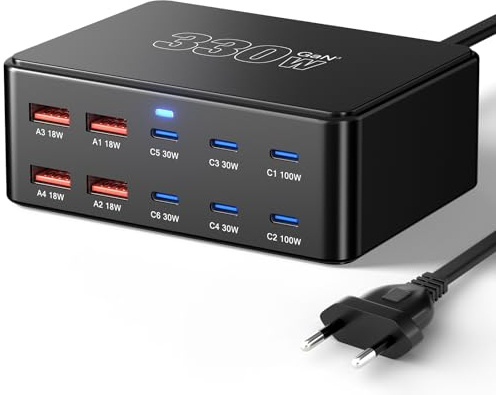 330W USB Ladestation mit 10 Anschlüssen, PD 100W, 65W, 45W, 30W, 20W, 18W, USB-C GaN III Ladegerät, Schnellladegerät für Laptop und Smartphone, kompatibel mit MacBook Pro/Air, Dell XPS, iPhone 15/16