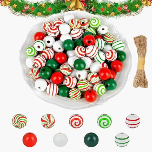 YUYWWAN 240 Stück Bunt Weihnachten Holzperlen zum Auffädeln, Rot Grün Weiß Weihnachtsperlen mit Hanfseil, 16mm Runde Holzkugeln mit Loch für Weihnachten Partyzubehör DIY Basteldekoration