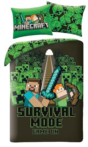 Minecraft Survival Mode Kinderbettwäsche 140x200 + Kissenbezug Mikrofaser | Wendebettwäsche Einzelbett | Spannungsvolle Nacht gegen Creeper | Weiche Mikrofaser Oeko-Tex | Für Gamer
