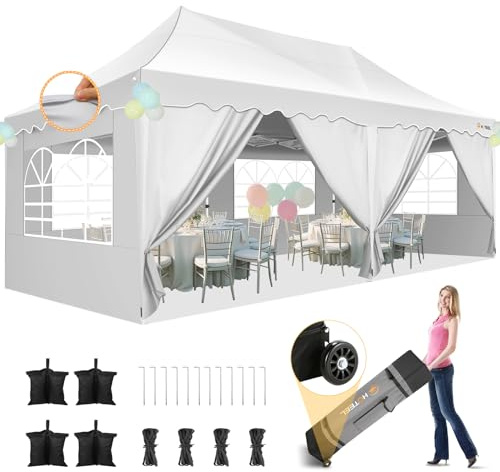 HOTEEL Faltpavillon 3x6 Wasserdicht Stabil mit 6 Seitenwänden (Weiß) | Pop Up Pavillon Wellensaum, UV Schutz 50+ Verdicktem Rahmen, für Hochzeiten, Partyzelt, Terrasse mit Handtasche & 4 SandsäCke