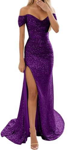 Abiti da donna a sirena senza spalline sexy linea A con paillettes glitter tulle abiti da sposa con spacco off shoulder abiti da ballo lunghi abiti da sera moda abito da festa, P viola, M