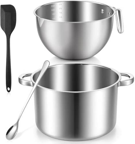 4-Piece Double Boiler, Chocolate Melting Pot Set Include 2500ml/2.3QT Mixing Bowl and 4000ml/3.63qt Stainless Steel Pot, Silicone Spatula, Stainless Steel Stirring Spoon, Induction Safe