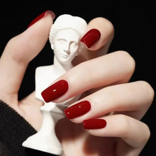 LOPHE Röda Press On Nails, 24 stycken Enfärgade Falska Naglar med Nagellim, Mörkröda Konstgjorda Fingernäglar Kort Fullt Täckande, för Halloween och Jul