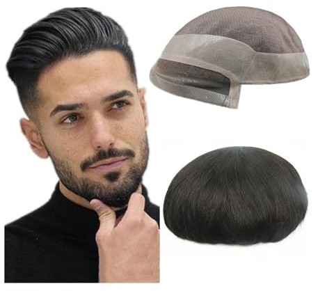 Toupet de 15 cm for homme, mono et NPU, cheveux humains noirs Hairline Fine(7x9)