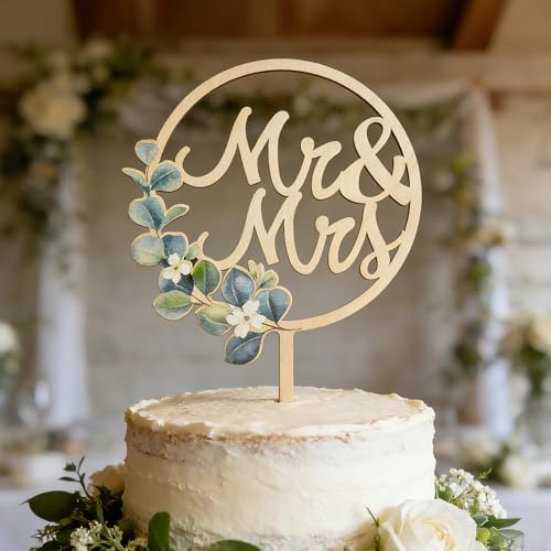 Wooden Wedding Cake Topper - Rustic Mr & Mrs Cake Decoration with Green Leaves and White Flowers for Bridal Shower Party Supplies