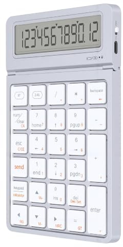 Jectse Pavé Numérique Bluetooth 2,4 G avec Calculatrice (Argent Blanc) | Rechargeable, 12 chiffres, écran LCD, Bluetooth 2,4 G, écran rabattable réglable, pour Ordinateur Portable