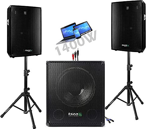 Ibiza Sound Light - Pack Sono Enceinte + CAISSSON DE Basses + Pieds + Cables HP et Cable PC offerts !!! - PA DJ Sono Mix idéal soirée dansante Disco Mobile