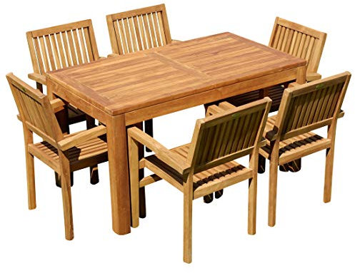 ASS Teak Set Gartengarnitur Gartenset Sitzgruppe Gartentisch Bigfuss 140x80 cm mit 6 Stapelsessel Miami aus Teakholz Gartenmöbelset Esstischgruppe Sessel stapelbar