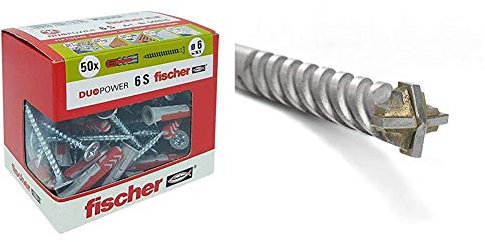 Fischer 50 Tasselli Duopower con Vite 6 x 30 mm + Punta Trapano Ø 6 mm D-SDX a Quattro Taglienti e Attacco Cilindrico