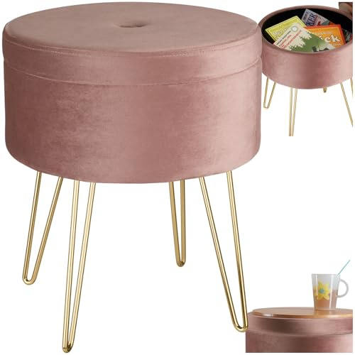 tectake® Tabouret Repose Pied Pouf avec Rangement Pouf Salon Aspect Velours jusqu'à 300 kg Pieds en Acier Dorés Couvercle Amovible Design Moderne Cosy pour Coiffeuse, Salon, Chambre, Bureau, entrée