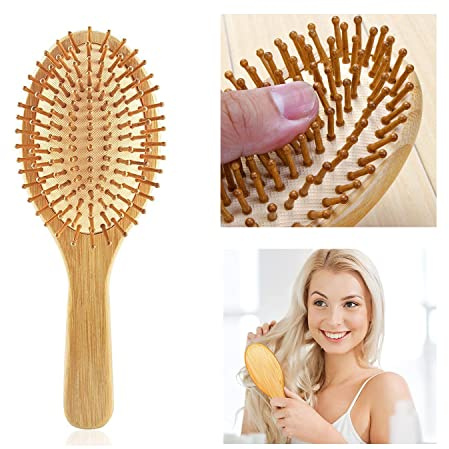 Hair Brush, 100% Natural Wooden Bamboo Air Cushion Comb, Sensitive Scalp Anti-Static Detangling Tools for Scalp Massage, Smooth Glide & Pain-Free Styling Curly/Straight/Thick Hair (Oval)