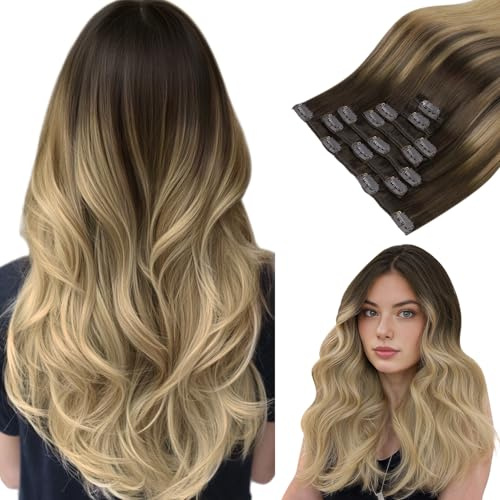 hotbanana Clip In Extensions Echthaar 45cm Haarverlängerung 120g 7 Stück | Schokoladenbraun bis Dirty Blonde Unsichtbar Remy Echthaar, Doppelschuss, Leicht zu Tragen, für Alltag und Styling Bereich