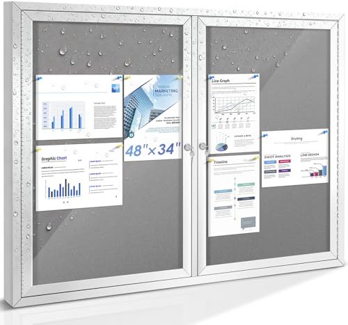 SWANCROWN Weather Resistant Enclosed Bulletin Board Gray Fabric Displays Boards Wall Mounted Notice Board with Aluminum Frame,48x34 inches
