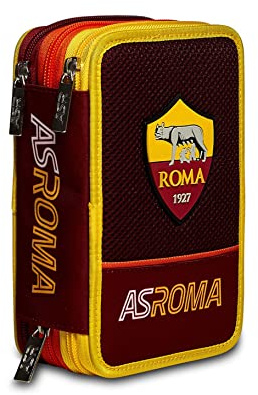 Seven AC Rom Federmäppchen, Federtasche für Schreibwaren, Etui komplett mit Bleistiften, Filzstiften, Schulmaterial, mit 3 Fächern, Mädchen, Schule - Grundschule, XXL Fußball rot gelb