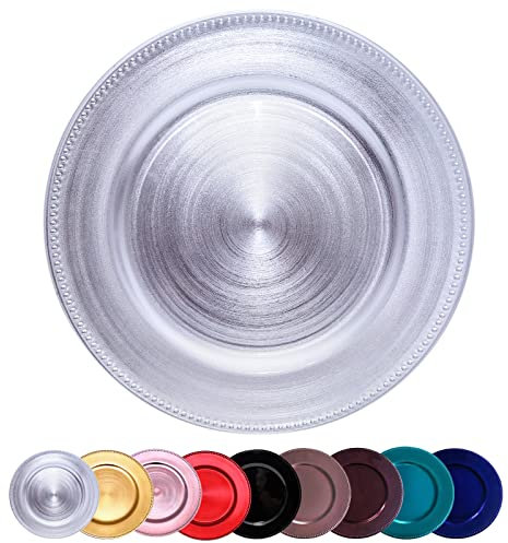 DaCakeWS Lot de 10 assiettes rondes en plastique argenté métallique de 33 cm pour mariage, dîner, mariage, fête, événement, décoration (argent perlé 10)