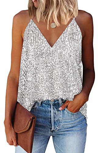 miduo Women's Tank Tops Summer Casual Fashion Sequin V Neck Strappy Tanks Tops Cami Shirts Sleeveless Tops Blouses for Women Silver M