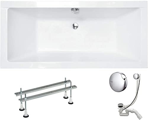 VBChome Acryl Badewanne 155x70 cm Weiß Rechteck Wanne Siphon Wannenfüße Design Modern Ablaufgarnitur in Chrom