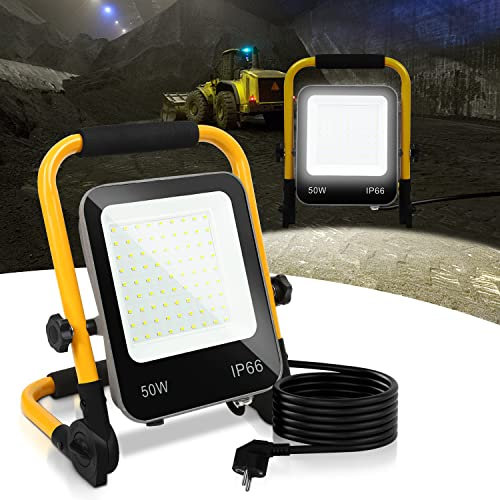 Izrielar 50W LED Baustrahler 5100LM Arbeitsleuchte IP66 LED Strahler 6000K Arbeitsscheinwerfer mit 3m kabel, Faltbarer Austellenlampe, 72LEDs Bauscheinwerfe, für Werkstatt Baustelle Garage, Kaltweiß