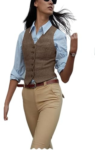 Damen Fischgräten-Tweed-Weste, schmale Passform, V-Ausschnitt, elegante Anzugweste, Khaki, Medium