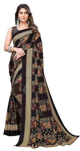 Yashika Dam trendig tryckt georgette lila färg sari med blusmaterial, Svart07, One Size