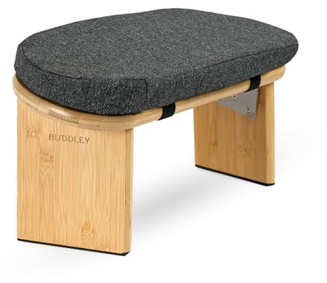 BUDDLEY Meditationsbank klappbar, Yogahocker mit Kissen, Meditationsbank, Meditationsstuhl faltbar, Yogastuhl, Hocker, Meditationshocker, Ergonomisch, Kissen
