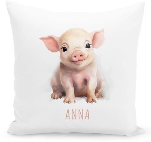 DEL MÀ Unique & Personal Schwein Kissen personalisiert mit Namen Kinderkissen Kuschelkissen Kinder Geschenk Kinderzimmer Deko Junge Mädchen Zierkissen Dekokissen 40x40 cm inkl. Füllung und Bezug