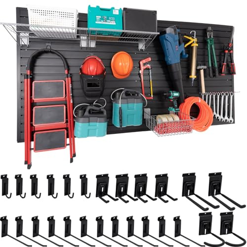 FRAYSCENT Slat Wall Paneling Garage Slat Wall Storage Systems Slatwall Panels Power Tool Organizer Wall Mount, PVC Garage Storage & Organization Products Slate Board (Black, 4ft x 8ft with 26 Hooks)