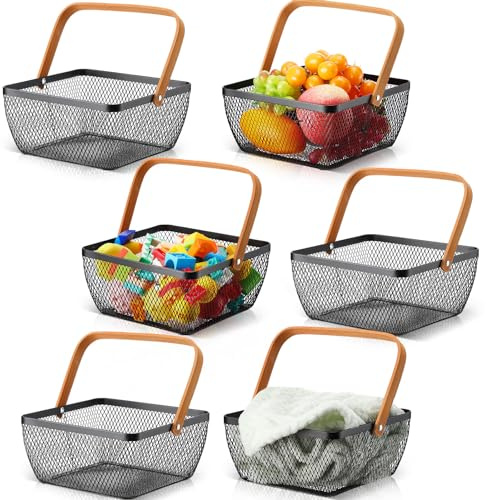 6 Pcs Metal Mesh Steel Basket with Handle Small Shopping Baskets Square Wire Harvest Storage for Kitchen Storage Garden Picnic Bathroom Organizing, 8.46 x 8.46 x 4.13 Inch(Black)