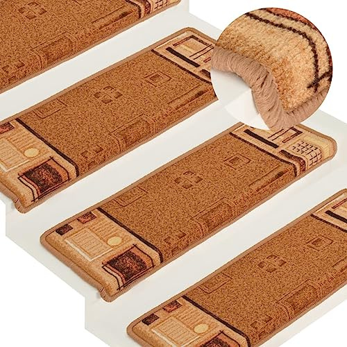 Natulvd Stair Treads Carpet Non-Slip, 15 Packs| 65x21cm Stair Pads Mat Rug with Safety Adhesive, Indoor Stair Runner Protector for Wooden Steps Staircase, Rectangular (Beige)