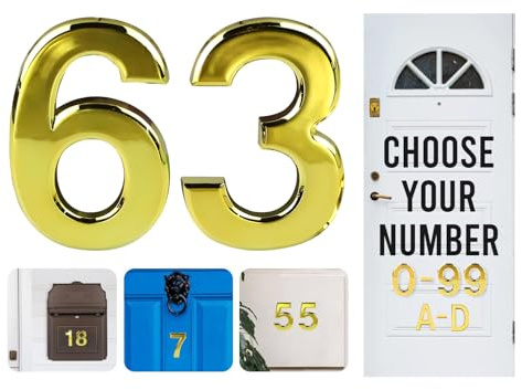 Numeri civici dorati da 0 a 99, lettere A, B, C, D, 7,6 cm, autoadesivi, per porte, cassette postali, camere d'albergo (63)