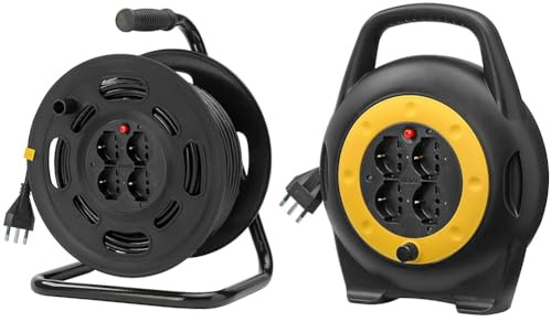 VIMAR 0P32733 Avvolgicavo 2P+T 16A 230V con Disgiuntore Termico di Protezione, Multicolore & 0P32714 Avvolgicavo 10 Metri, Con 4 Prese Universali A Standard Italiano Sicury, Nero Giallo